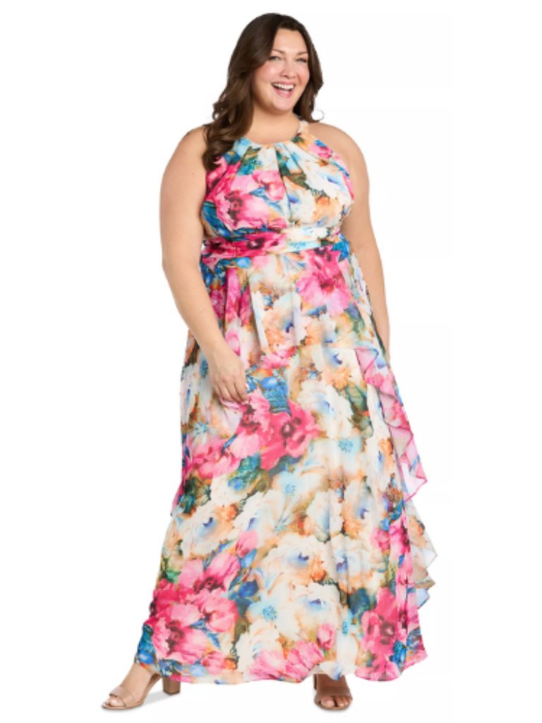 R&M Richards White Floral Chiffon Gown Size 22w